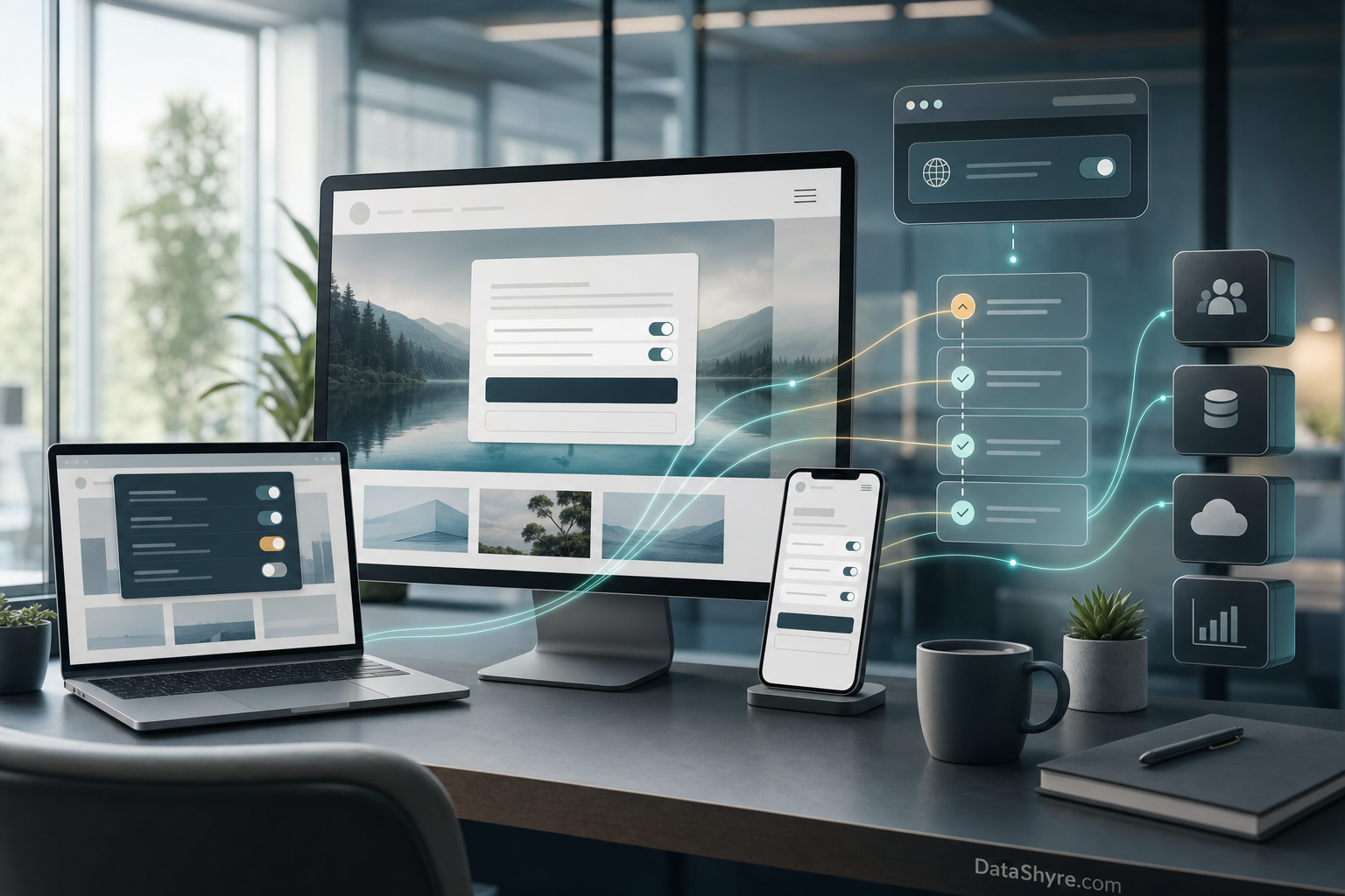 Editorial illustration showing a privacy operations workspace with a consumer choice center, website banner preview, app preference controls, browser privacy signal, audit timeline, and subtle visible branding text DataShyre.com