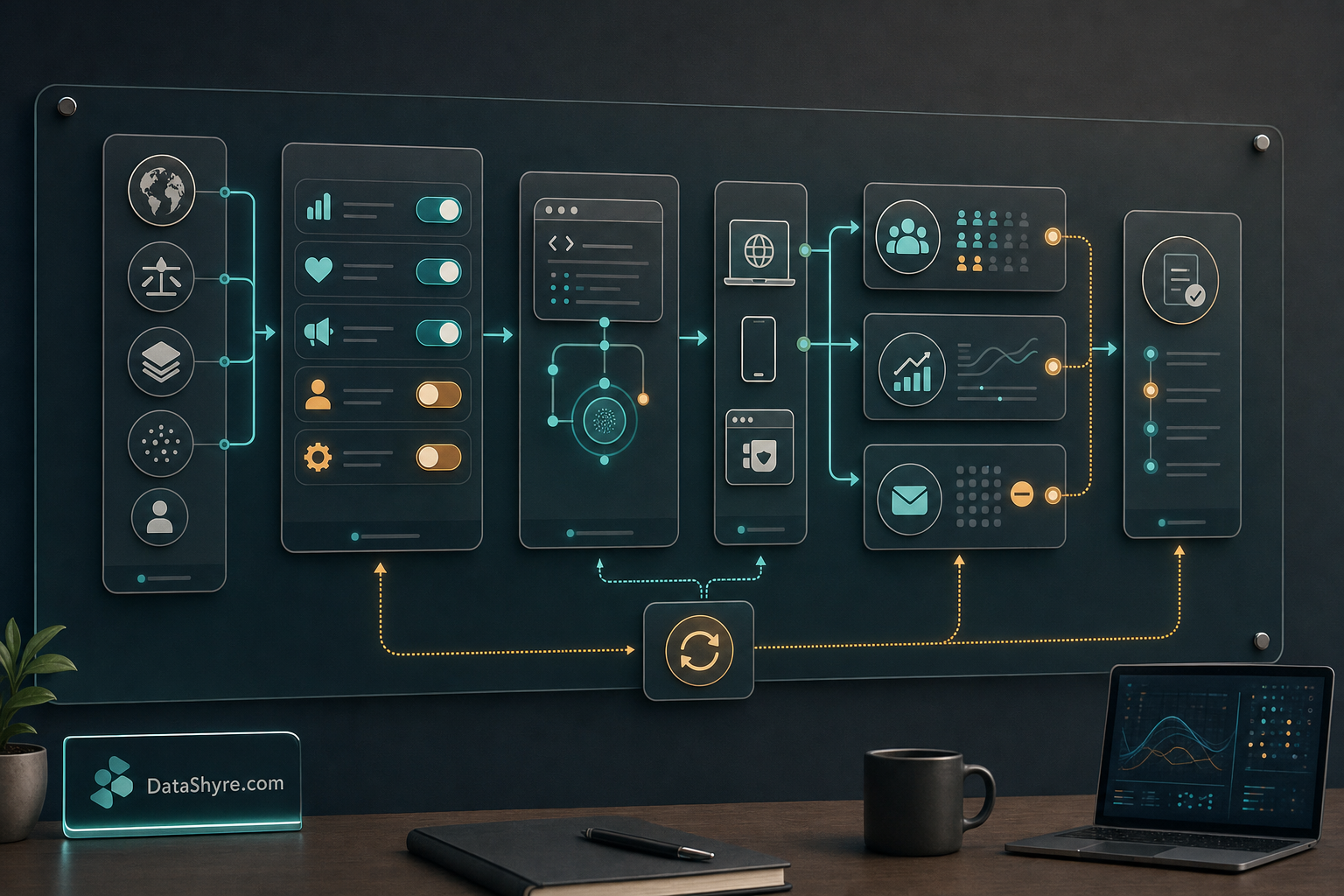 Workflow illustration showing consumer consent management moving from jurisdiction rules and purpose choices into live tag controls, browser signals, downstream suppression, withdrawal, and audit-ready records, with subtle visible branding text DataShyre.com